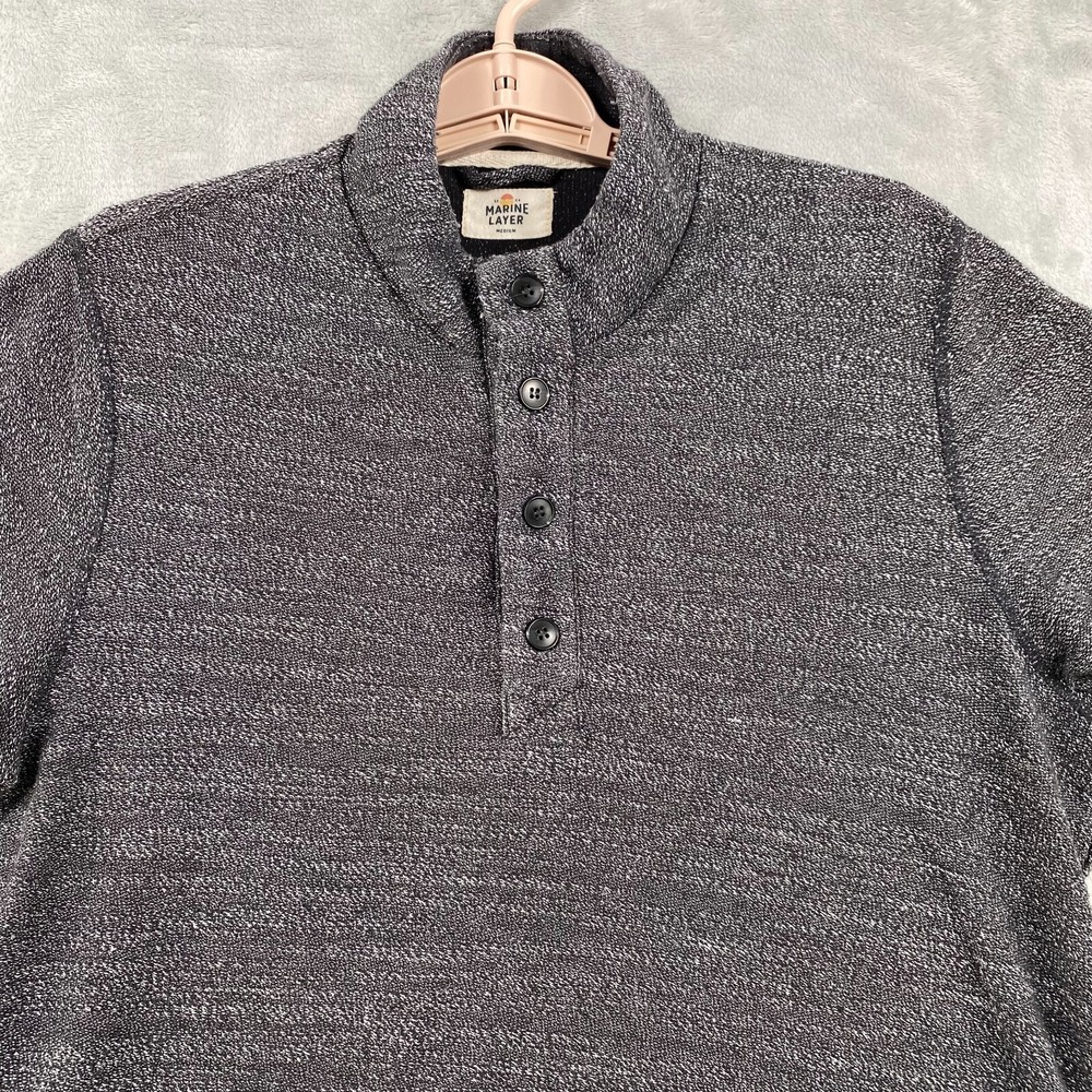 Marine Layer Clayton Men M Black Textured Sweater Button Pullover Henley Mock